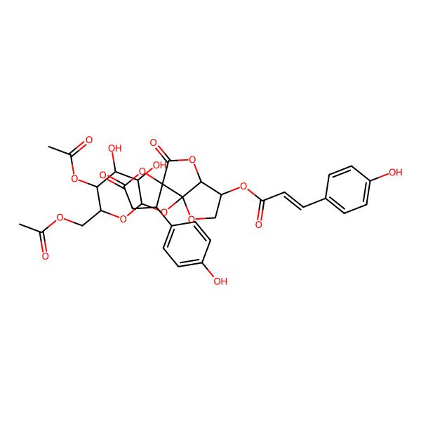 2D Structure of [(3S,3'R,3aR,6S,6aR)-6a-[(2S,3R,4R,5S,6R)-5-acetyloxy-6-(acetyloxymethyl)-3,4-dihydroxyoxan-2-yl]oxy-3'-(4-hydroxyphenyl)-5,5'-dioxospiro[3,3a-dihydro-2H-furo[3,2-b]furan-6,2'-oxolane]-3-yl] (E)-3-(4-hydroxyphenyl)prop-2-enoate