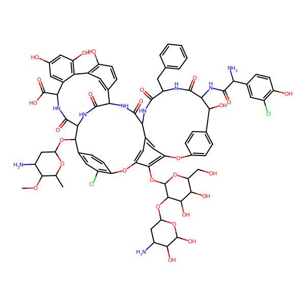 2D Structure of (1S,2R,18R,19R,22S,25R,28R,40S)-19-[[(2R)-2-amino-2-(3-chloro-4-hydroxyphenyl)acetyl]amino]-48-[(2S,3R,4S,5S,6R)-3-[(2R,4S,5R,6R)-4-amino-5,6-dihydroxyoxan-2-yl]oxy-4,5-dihydroxy-6-(hydroxymethyl)oxan-2-yl]oxy-2-[(2R,4S,5R,6S)-4-amino-5-methoxy-6-methyloxan-2-yl]oxy-22-benzyl-5-chloro-18,32,35,37-tetrahydroxy-20,23,26,42,44-pentaoxo-7,13-dioxa-21,24,27,41,43-pentazaoctacyclo[26.14.2.23,6.214,17.18,12.129,33.010,25.034,39]pentaconta-3,5,8,10,12(48),14(47),15,17(46),29(45),30,32,34(39),35,37,49-pentadecaene-40-carboxylic acid