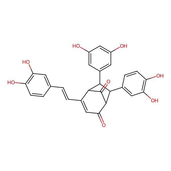 2D Structure of (1R,5S,6S,7S)-7-(3,4-dihydroxyphenyl)-6-(3,5-dihydroxyphenyl)-4-[(E)-2-(3,4-dihydroxyphenyl)ethenyl]bicyclo[3.2.1]oct-3-ene-2,8-dione