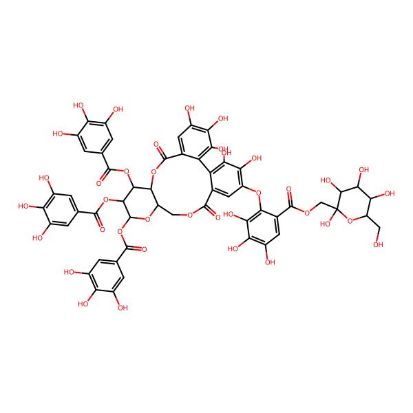 2D Structure of [(3S,4R,5S,6R)-2,3,4,5-tetrahydroxy-6-(hydroxymethyl)oxan-2-yl]methyl 3,4,5-trihydroxy-2-[[(10R,11S,12R,13S,15R)-3,4,5,22,23-pentahydroxy-8,18-dioxo-11,12,13-tris[(3,4,5-trihydroxybenzoyl)oxy]-9,14,17-trioxatetracyclo[17.4.0.02,7.010,15]tricosa-1(23),2,4,6,19,21-hexaen-21-yl]oxy]benzoate