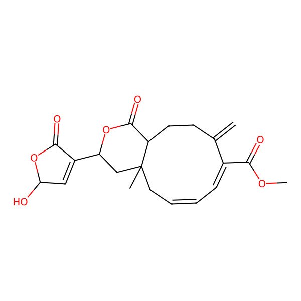 2D Structure of methyl 3-(2-hydroxy-5-oxo-2H-furan-4-yl)-4a-methyl-10-methylidene-1-oxo-3,4,5,11,12,12a-hexahydrocyclodeca[c]pyran-9-carboxylate