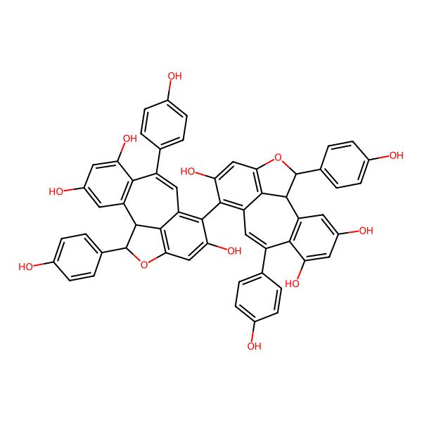2D Structure of (1R,16R)-8,16-bis(4-hydroxyphenyl)-11-[(1R,16R)-4,6,12-trihydroxy-8,16-bis(4-hydroxyphenyl)-15-oxatetracyclo[8.6.1.02,7.014,17]heptadeca-2(7),3,5,8,10,12,14(17)-heptaen-11-yl]-15-oxatetracyclo[8.6.1.02,7.014,17]heptadeca-2(7),3,5,8,10,12,14(17)-heptaene-4,6,12-triol
