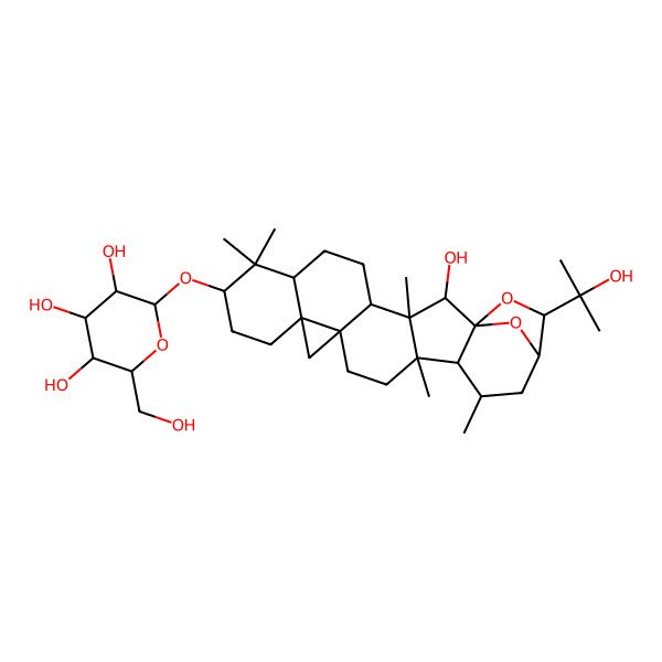 2D Structure of 2-[[2-Hydroxy-22-(2-hydroxypropan-2-yl)-3,8,8,17,19-pentamethyl-23,24-dioxaheptacyclo[19.2.1.01,18.03,17.04,14.07,12.012,14]tetracosan-9-yl]oxy]-6-(hydroxymethyl)oxane-3,4,5-triol