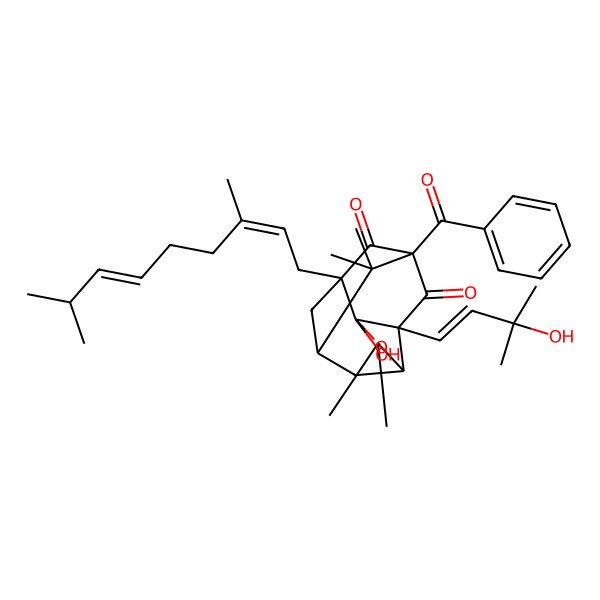 2D Structure of (1R,4R,7S,9R,11R)-1-benzoyl-11-[(2E,6E)-3,8-dimethylnona-2,6-dienyl]-4-hydroxy-3-[(E)-3-hydroxy-3-methylbut-1-enyl]-6,6,13,13-tetramethyl-5-oxatetracyclo[7.3.1.03,7.04,11]tridecane-2,12-dione