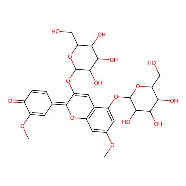 2D Structure of 2-methoxy-4-[7-methoxy-5-[(2S,3R,4S,5S,6S)-3,4,5-trihydroxy-6-(hydroxymethyl)oxan-2-yl]oxy-3-[(2S,3R,4S,5S,6R)-3,4,5-trihydroxy-6-(hydroxymethyl)oxan-2-yl]oxychromen-2-ylidene]cyclohexa-2,5-dien-1-one
