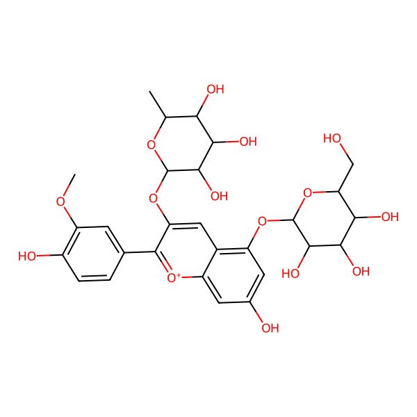 2D Structure of (2S,3S,4R,5R,6R)-2-[7-hydroxy-2-(4-hydroxy-3-methoxyphenyl)-5-[(2S,3R,4S,5S,6R)-3,4,5-trihydroxy-6-(hydroxymethyl)oxan-2-yl]oxychromenylium-3-yl]oxy-6-methyloxane-3,4,5-triol