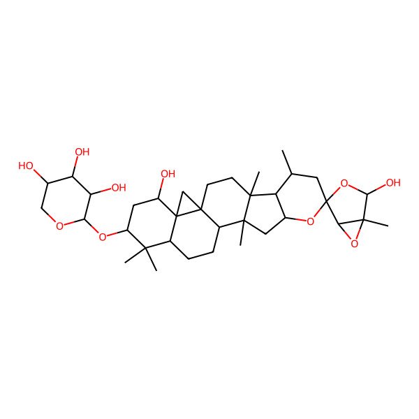 2D Structure of (2S,3R,4S,5R)-2-[(1S,1'S,4R,4'R,5R,5'R,6'R,10'S,12'S,13'S,16'S,18'S,20'S,21'S)-2,20'-dihydroxy-1,4',6',12',17',17'-hexamethylspiro[3,6-dioxabicyclo[3.1.0]hexane-4,8'-9-oxahexacyclo[11.9.0.01,21.04,12.05,10.016,21]docosane]-18'-yl]oxyoxane-3,4,5-triol