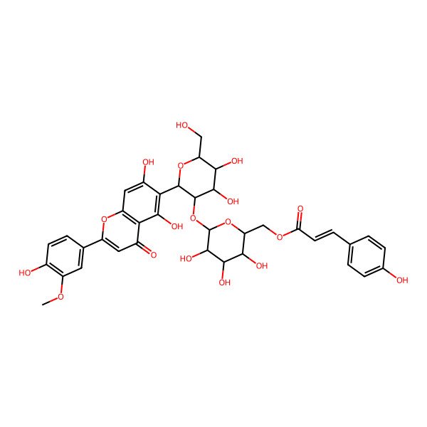 2D Structure of [(2R,3S,4R,5R,6S)-6-[(2S,3R,4S,5S,6S)-2-[5,7-dihydroxy-2-(4-hydroxy-3-methoxyphenyl)-4-oxochromen-6-yl]-4,5-dihydroxy-6-(hydroxymethyl)oxan-3-yl]oxy-3,4,5-trihydroxyoxan-2-yl]methyl (E)-3-(4-hydroxyphenyl)prop-2-enoate