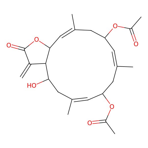 2D Structure of [(3aS,4S,6E,8S,10E,12S,14E,15aS)-12-acetyloxy-4-hydroxy-6,10,14-trimethyl-3-methylidene-2-oxo-3a,4,5,8,9,12,13,15a-octahydrocyclotetradeca[b]furan-8-yl] acetate