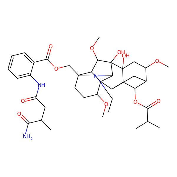 2D Structure of [11-Ethyl-8,9-dihydroxy-6,16,18-trimethoxy-4-(2-methylpropanoyloxy)-11-azahexacyclo[7.7.2.12,5.01,10.03,8.013,17]nonadecan-13-yl]methyl 2-[(4-amino-3-methyl-4-oxobutanoyl)amino]benzoate