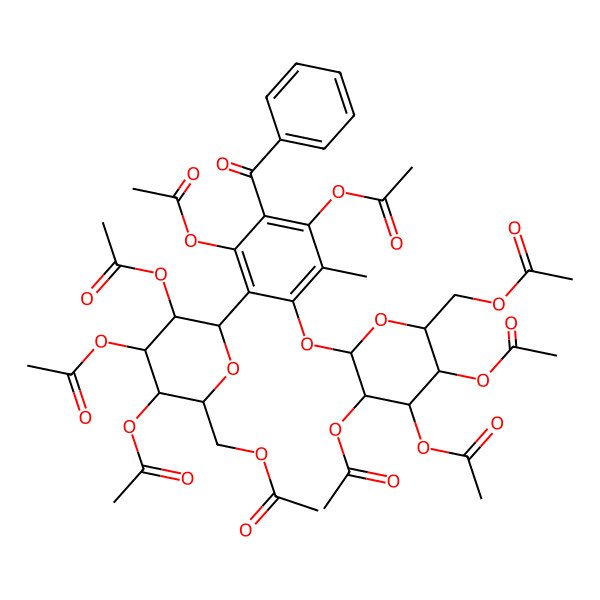 2D Structure of [(2R,3R,4R,5S,6S)-3,4,5-triacetyloxy-6-[2,4-diacetyloxy-3-benzoyl-5-methyl-6-[(2S,3R,4S,5R,6R)-3,4,5-triacetyloxy-6-(acetyloxymethyl)oxan-2-yl]oxyphenyl]oxan-2-yl]methyl acetate