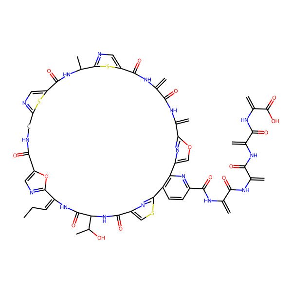 2D Structure of 2-[2-[2-[2-[[14-(1-Hydroxyethyl)-31-methyl-38,41-dimethylidene-12,15,22,29,36,39-hexaoxo-17-propylidene-43,48-dioxa-9,46,47-trithia-3,13,16,19,23,26,30,33,37,40,45,49-dodecazaheptacyclo[40.2.1.18,11.118,21.125,28.132,35.02,7]nonatetraconta-1(44),2(7),3,5,8(49),10,18,20,25,27,32,34,42(45)-tridecaene-4-carbonyl]amino]prop-2-enoylamino]prop-2-enoylamino]prop-2-enoylamino]prop-2-enoic acid