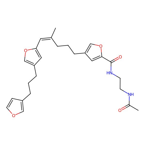 2D Structure of N-(2-acetamidoethyl)-4-[(E)-5-[4-[3-(furan-3-yl)propyl]furan-2-yl]-4-methylpent-4-enyl]furan-2-carboxamide