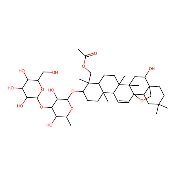 2D Structure of [(1S,2S,4S,5R,8R,9R,10S,13S,14R,17S,18S)-10-[(2R,3R,4R,5S,6R)-3,5-dihydroxy-6-methyl-4-[(2S,3R,4R,5S,6R)-3,4,5-trihydroxy-6-(hydroxymethyl)oxan-2-yl]oxyoxan-2-yl]oxy-2-hydroxy-4,5,9,13,20,20-hexamethyl-24-oxahexacyclo[15.5.2.01,18.04,17.05,14.08,13]tetracos-15-en-9-yl]methyl acetate
