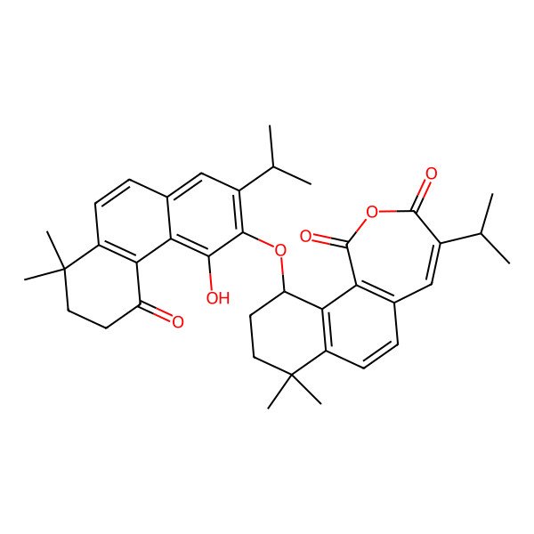 2D Structure of 11-[(4-hydroxy-8,8-dimethyl-5-oxo-2-propan-2-yl-6,7-dihydrophenanthren-3-yl)oxy]-8,8-dimethyl-4-propan-2-yl-10,11-dihydro-9H-benzo[i][2]benzoxepine-1,3-dione
