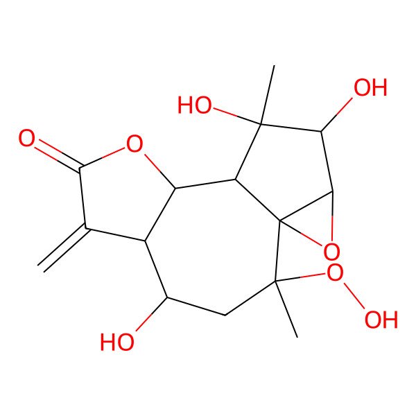 2D Structure of (1S,2R,4R,5R,9S,10S,11S,12S,13R)-2-hydroperoxy-4,11,12-trihydroxy-2,11-dimethyl-6-methylidene-8,14-dioxatetracyclo[8.4.0.01,13.05,9]tetradecan-7-one