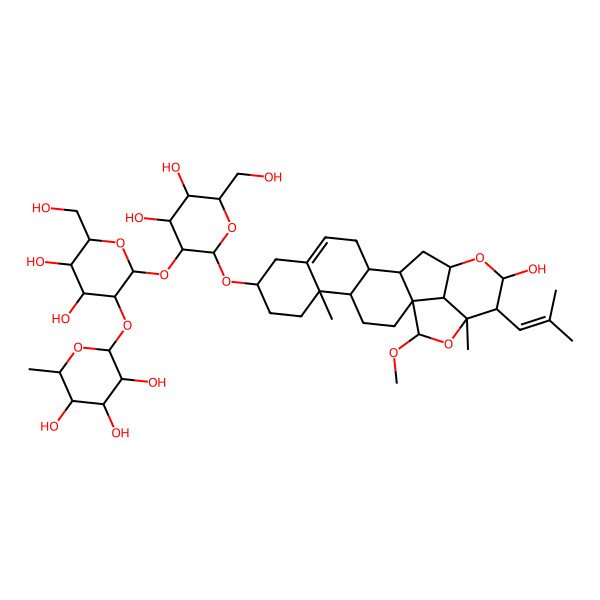 2D Structure of (2S,3R,4R,5R,6S)-2-[(2S,3R,4S,5S,6R)-2-[(2R,3R,4S,5S,6R)-4,5-dihydroxy-2-[[(1R,4S,5R,8S,13R,14S,16S,18R,19R,20R,22R,23R)-18-hydroxy-22-methoxy-5,20-dimethyl-19-(2-methylprop-1-enyl)-17,21-dioxahexacyclo[14.6.1.01,14.04,13.05,10.020,23]tricos-10-en-8-yl]oxy]-6-(hydroxymethyl)oxan-3-yl]oxy-4,5-dihydroxy-6-(hydroxymethyl)oxan-3-yl]oxy-6-methyloxane-3,4,5-triol