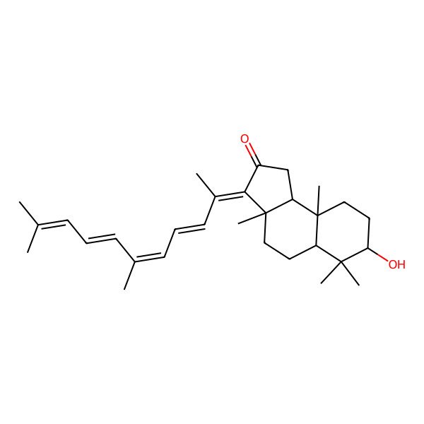 2D Structure of (3Z,3aS,5aS,7R,9aS,9bS)-3-[(3E,5E,7E)-6,10-dimethylundeca-3,5,7,9-tetraen-2-ylidene]-7-hydroxy-3a,6,6,9a-tetramethyl-1,4,5,5a,7,8,9,9b-octahydrocyclopenta[a]naphthalen-2-one