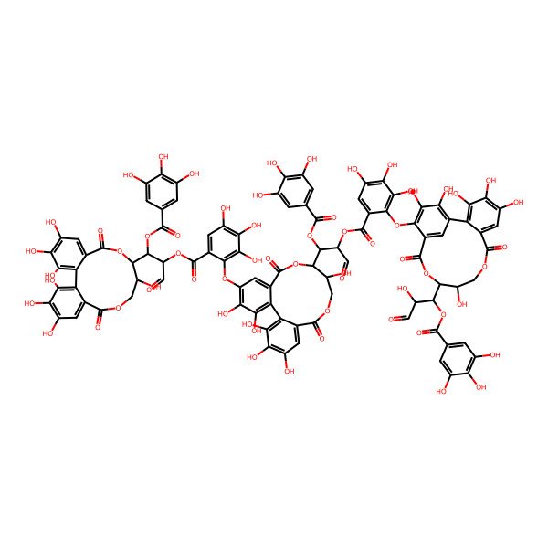 2D Structure of [1-(3,4,5,11,17,18,19-Heptahydroxy-8,14-dioxo-9,13-dioxatricyclo[13.4.0.02,7]nonadeca-1(19),2,4,6,15,17-hexaen-10-yl)-3-oxo-1-(3,4,5-trihydroxybenzoyl)oxypropan-2-yl] 2-[[10-[2-[2-[[3,4,5,11,17,18-hexahydroxy-12-[2-hydroxy-3-oxo-1-(3,4,5-trihydroxybenzoyl)oxypropyl]-8,14-dioxo-9,13-dioxatricyclo[13.3.1.02,7]nonadeca-1(19),2,4,6,15,17-hexaen-16-yl]oxy]-3,4,5-trihydroxybenzoyl]oxy-3-oxo-1-(3,4,5-trihydroxybenzoyl)oxypropyl]-3,4,11,17,18,19-hexahydroxy-8,14-dioxo-9,13-dioxatricyclo[13.4.0.02,7]nonadeca-1(19),2,4,6,15,17-hexaen-5-yl]oxy]-3,4,5-trihydroxybenzoate