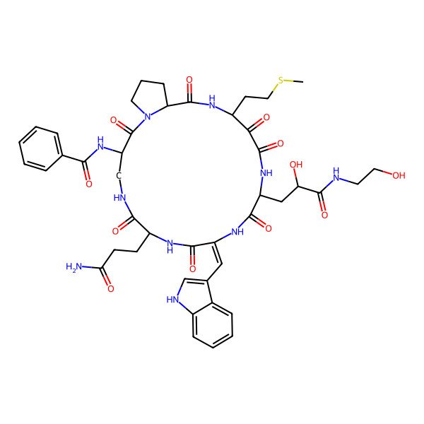 2D Structure of N-[7-(3-amino-3-oxopropyl)-13-[2-hydroxy-3-(2-hydroxyethylamino)-3-oxopropyl]-10-(1H-indol-3-ylmethylidene)-17-(2-methylsulfanylethyl)-2,6,9,12,15,16,19-heptaoxo-1,5,8,11,14,18-hexazabicyclo[18.3.0]tricosan-3-yl]benzamide