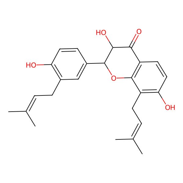 2D Structure of (2S,3R)-3,7-dihydroxy-2-[4-hydroxy-3-(3-methylbut-2-enyl)phenyl]-8-(3-methylbut-2-enyl)-2,3-dihydrochromen-4-one
