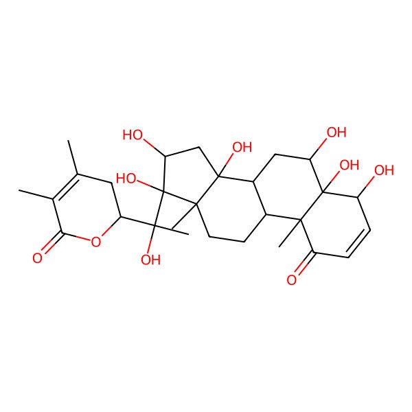 2D Structure of (2R)-2-[(1S)-1-[(4S,5R,6R,8R,9S,10R,13S,14R,16S,17R)-4,5,6,14,16,17-hexahydroxy-10,13-dimethyl-1-oxo-6,7,8,9,11,12,15,16-octahydro-4H-cyclopenta[a]phenanthren-17-yl]-1-hydroxyethyl]-4,5-dimethyl-2,3-dihydropyran-6-one
