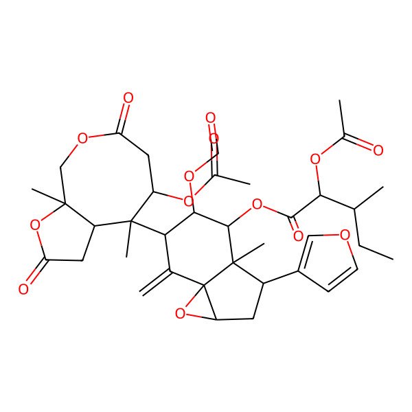 2D Structure of [(1aR,3S,3aR,4R,5R,6R,7aS)-6-[(3aR,4R,5S,9aS)-5-acetyloxy-4,9a-dimethyl-2,7-dioxo-3a,5,6,9-tetrahydro-3H-furo[2,3-c]oxocin-4-yl]-5-formyloxy-3-(furan-3-yl)-3a-methyl-7-methylidene-1a,2,3,4,5,6-hexahydroindeno[1,7a-b]oxiren-4-yl] (2R,3R)-2-acetyloxy-3-methylpentanoate