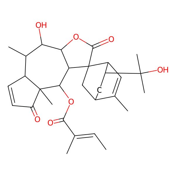 2D Structure of [(1S,1'R,3aS,4R,4'S,5S,5aS,8'S,8aR,9S,9aS)-4-hydroxy-8'-(2-hydroxypropan-2-yl)-2',5,8a-trimethyl-2,8-dioxospiro[3a,4,5,5a,9,9a-hexahydroazuleno[6,5-b]furan-1,5'-bicyclo[2.2.2]oct-2-ene]-9-yl] (Z)-2-methylbut-2-enoate