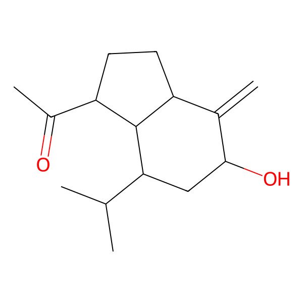 2D Structure of Ethanone, 1-[octahydro-5-hydroxy-4-methylene-7-(1-methylethyl)-1H-inden-1-yl]-, [1S-(1alpha,3abeta,5beta,7alpha,7aalpha)]-