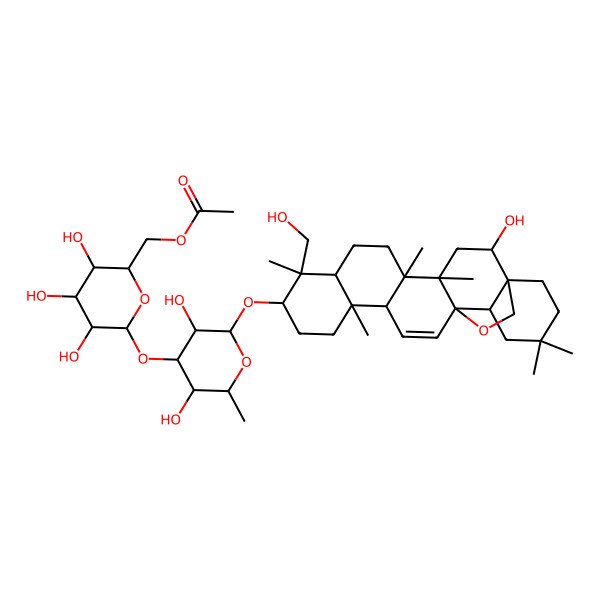 2D Structure of [6-[3,5-Dihydroxy-2-[[2-hydroxy-9-(hydroxymethyl)-4,5,9,13,20,20-hexamethyl-24-oxahexacyclo[15.5.2.01,18.04,17.05,14.08,13]tetracos-15-en-10-yl]oxy]-6-methyloxan-4-yl]oxy-3,4,5-trihydroxyoxan-2-yl]methyl acetate