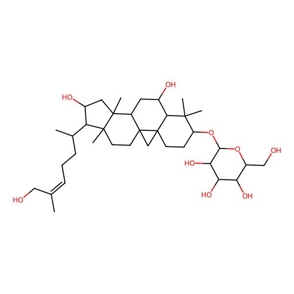 2D Structure of (2R,3R,4S,5S,6R)-2-[[(1S,3R,6S,8S,9S,11R,12S,14S,15R,16R)-9,14-dihydroxy-15-[(E,2R)-7-hydroxy-6-methylhept-5-en-2-yl]-7,7,12,16-tetramethyl-6-pentacyclo[9.7.0.01,3.03,8.012,16]octadecanyl]oxy]-6-(hydroxymethyl)oxane-3,4,5-triol