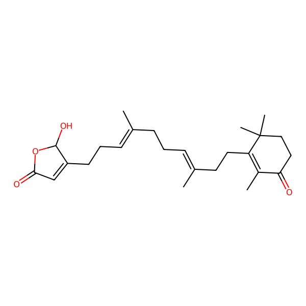 2D Structure of (2S)-3-[(3Z,7E)-4,8-dimethyl-10-(2,6,6-trimethyl-3-oxocyclohexen-1-yl)deca-3,7-dienyl]-2-hydroxy-2H-furan-5-one