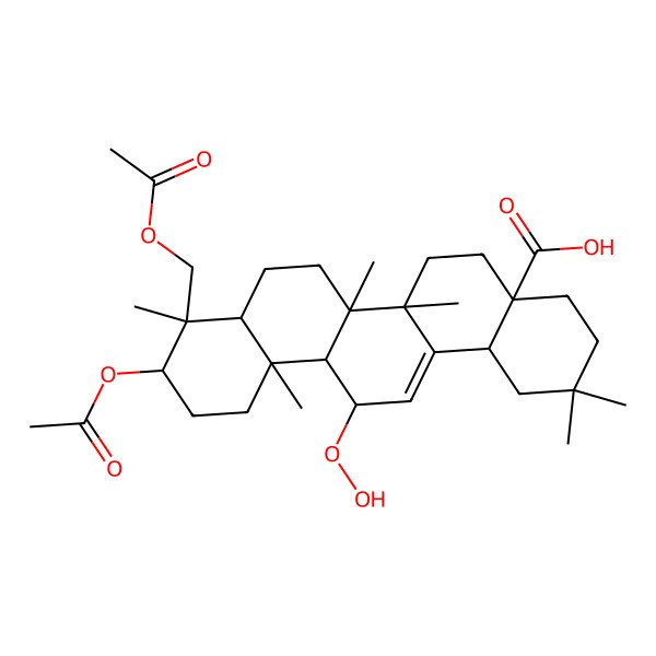 2D Structure of 10-Acetyloxy-9-(acetyloxymethyl)-13-hydroperoxy-2,2,6a,6b,9,12a-hexamethyl-1,3,4,5,6,6a,7,8,8a,10,11,12,13,14b-tetradecahydropicene-4a-carboxylic acid