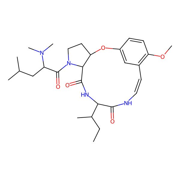 2D Structure of (3R,7R,10S,13Z)-10-[(2S)-butan-2-yl]-6-[(2S)-2-(dimethylamino)-4-methylpentanoyl]-16-methoxy-2-oxa-6,9,12-triazatricyclo[13.3.1.03,7]nonadeca-1(19),13,15,17-tetraene-8,11-dione