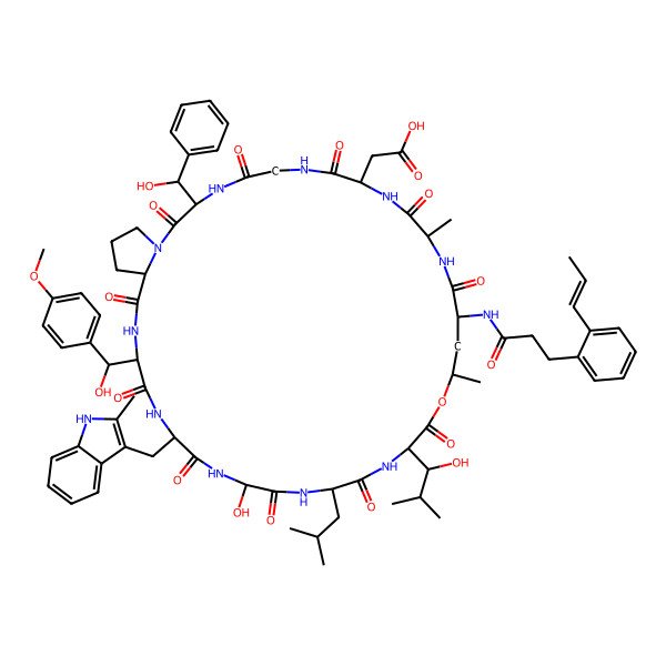 2D Structure of 2-[(12S,15S,23S)-26-hydroxy-32-[hydroxy-(4-methoxyphenyl)methyl]-20-[(1S)-1-hydroxy-2-methylpropyl]-3-[hydroxy(phenyl)methyl]-12,17-dimethyl-29-[(2-methyl-1H-indol-3-yl)methyl]-23-(2-methylpropyl)-2,5,8,11,14,19,22,25,28,31,34-undecaoxo-15-[3-[2-[(Z)-prop-1-enyl]phenyl]propanoylamino]-18-oxa-1,4,7,10,13,21,24,27,30,33-decazabicyclo[33.3.0]octatriacontan-9-yl]acetic acid