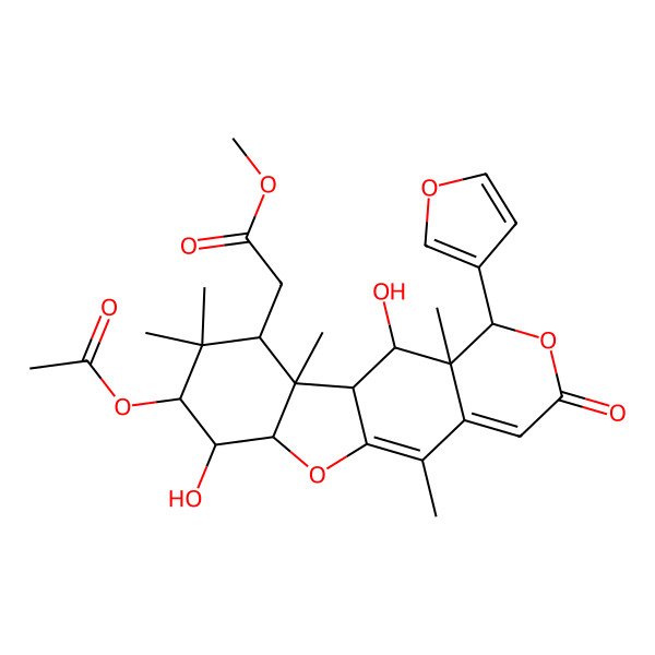 2D Structure of methyl 2-[(1S,6aR,7R,8S,10S,10aS,10bS,11S,11aS)-8-acetyloxy-1-(furan-3-yl)-7,11-dihydroxy-5,9,9,10a,11a-pentamethyl-3-oxo-6a,7,8,10,10b,11-hexahydro-1H-[1]benzofuro[2,3-g]isochromen-10-yl]acetate
