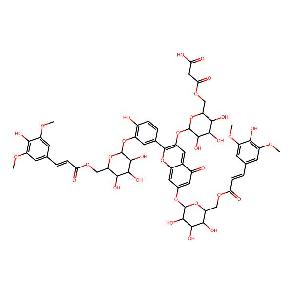 2D Structure of 3-oxo-3-[[(2R,3R,4S,5R,6S)-3,4,5-trihydroxy-6-[2-[4-hydroxy-3-[(2S,3S,4R,5R,6R)-3,4,5-trihydroxy-6-[3-(4-hydroxy-3,5-dimethoxyphenyl)prop-2-enoyloxymethyl]oxan-2-yl]oxyphenyl]-5-oxo-7-[(2S,3S,4S,5R,6S)-3,4,5-trihydroxy-6-[3-(4-hydroxy-3,5-dimethoxyphenyl)prop-2-enoyloxymethyl]oxan-2-yl]oxychromen-3-yl]oxyoxan-2-yl]methoxy]propanoic acid