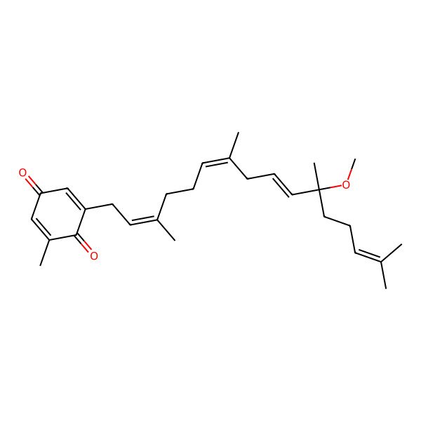 2D Structure of 2-[(2E,6E,9E,11R)-11-methoxy-3,7,11,15-tetramethylhexadeca-2,6,9,14-tetraenyl]-6-methylcyclohexa-2,5-diene-1,4-dione