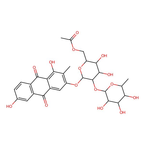 2D Structure of [6-(4,7-Dihydroxy-3-methyl-9,10-dioxoanthracen-2-yl)oxy-3,4-dihydroxy-5-(3,4,5-trihydroxy-6-methyloxan-2-yl)oxyoxan-2-yl]methyl acetate