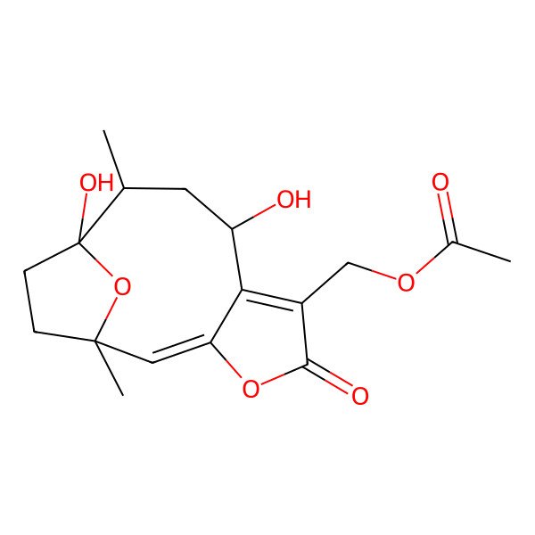 2D Structure of [(1S,2E,8R,10S,11R)-8,11-dihydroxy-1,10-dimethyl-5-oxo-4,14-dioxatricyclo[9.2.1.03,7]tetradeca-2,6-dien-6-yl]methyl acetate