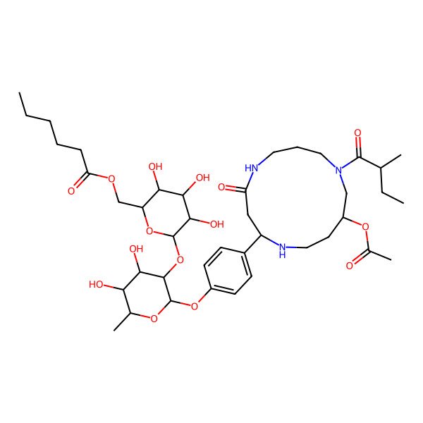 2D Structure of [6-[2-[4-[11-Acetyloxy-9-(2-methylbutanoyl)-4-oxo-1,5,9-triazacyclotridec-2-yl]phenoxy]-4,5-dihydroxy-6-methyloxan-3-yl]oxy-3,4,5-trihydroxyoxan-2-yl]methyl hexanoate