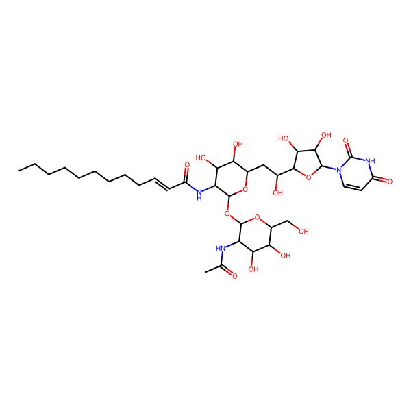 2D Structure of N-[2-[3-acetamido-4,5-dihydroxy-6-(hydroxymethyl)oxan-2-yl]oxy-6-[2-[5-(2,4-dioxopyrimidin-1-yl)-3,4-dihydroxyoxolan-2-yl]-2-hydroxyethyl]-4,5-dihydroxyoxan-3-yl]dodec-2-enamide