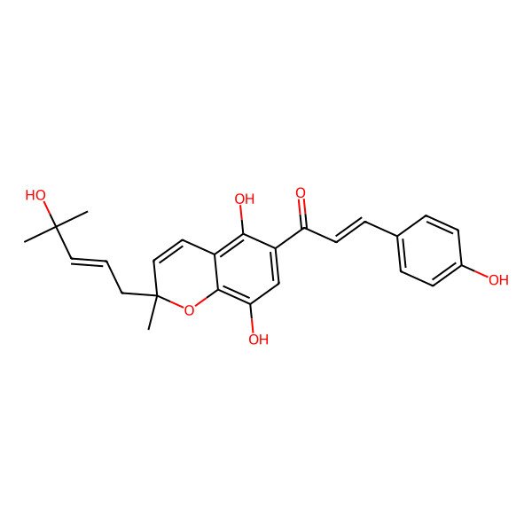 2D Structure of (E)-1-[(2R)-5,8-dihydroxy-2-[(E)-4-hydroxy-4-methylpent-2-enyl]-2-methylchromen-6-yl]-3-(4-hydroxyphenyl)prop-2-en-1-one