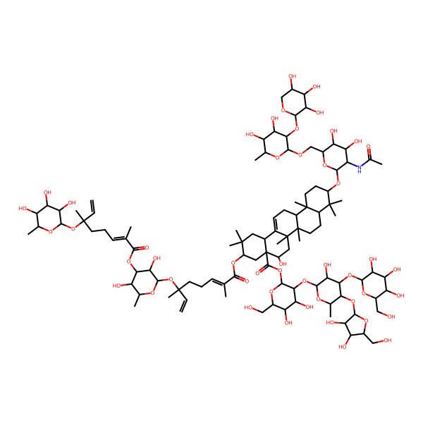 2D Structure of [(2S,3R,4S,5S,6R)-3-[(2S,3R,4S,5S,6S)-5-[(2S,3R,4R,5S)-3,4-dihydroxy-5-(hydroxymethyl)oxolan-2-yl]oxy-3-hydroxy-6-methyl-4-[(2S,3R,4S,5S,6R)-3,4,5-trihydroxy-6-(hydroxymethyl)oxan-2-yl]oxyoxan-2-yl]oxy-4,5-dihydroxy-6-(hydroxymethyl)oxan-2-yl] (3S,4aR,5R,6aR,6aS,6bR,8aR,10S,12aR,14bS)-10-[(2R,3R,4R,5S,6R)-3-acetamido-6-[[(2R,3R,4S,5R,6R)-4,5-dihydroxy-6-methyl-3-[(2S,3R,4S,5R)-3,4,5-trihydroxyoxan-2-yl]oxyoxan-2-yl]oxymethyl]-4,5-dihydroxyoxan-2-yl]oxy-3-[(2E,6S)-6-[(2S,3R,4S,5R,6R)-4-[(2E,6S)-2,6-dimethyl-6-[(2S,3R,4S,5S,6R)-3,4,5-trihydroxy-6-methyloxan-2-yl]oxyocta-2,7-dienoyl]oxy-3,5-dihydroxy-6-methyloxan-2-yl]oxy-2,6-dimethylocta-2,7-dienoyl]oxy-5-hydroxy-2,2,6a,6b,9,9,12a-heptamethyl-1,3,4,5,6,6a,7,8,8a,10,11,12,13,14b-tetradecahydropicene-4a-carboxylate