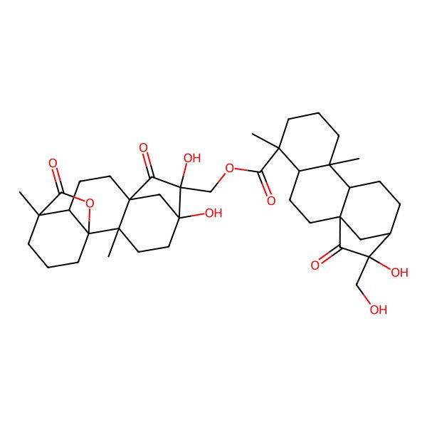 2D Structure of [(1S,2S,5S,6S,8R,11R,12R)-5,6-dihydroxy-2,12-dimethyl-7,17-dioxo-16-oxapentacyclo[10.3.2.15,8.01,11.02,8]octadecan-6-yl]methyl (1R,4S,5R,9S,10S,13R,14R)-14-hydroxy-14-(hydroxymethyl)-5,9-dimethyl-15-oxotetracyclo[11.2.1.01,10.04,9]hexadecane-5-carboxylate