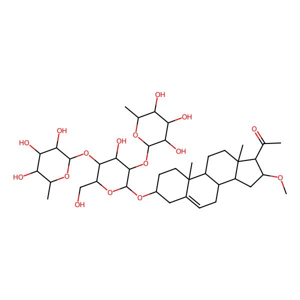 2D Structure of 1-[(3R,8R,9S,10R,13R,14R,16S,17S)-3-[(2S,3S,4R,5R,6S)-4-hydroxy-6-(hydroxymethyl)-3,5-bis[[(2R,3S,4R,5R,6S)-3,4,5-trihydroxy-6-methyloxan-2-yl]oxy]oxan-2-yl]oxy-16-methoxy-10,13-dimethyl-2,3,4,7,8,9,11,12,14,15,16,17-dodecahydro-1H-cyclopenta[a]phenanthren-17-yl]ethanone