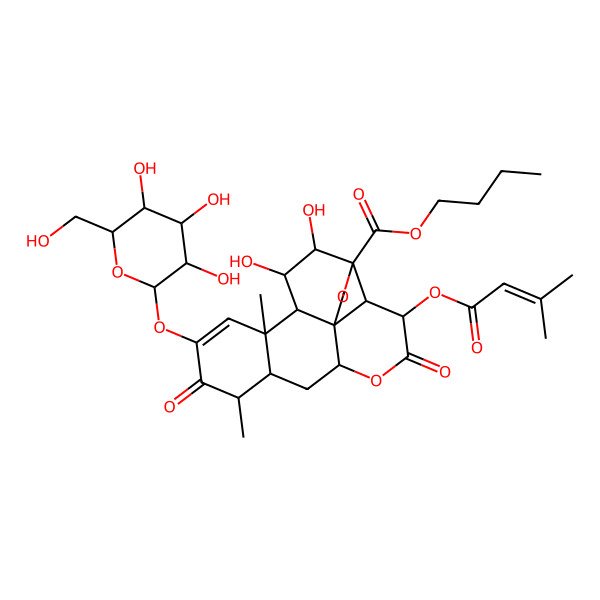 2D Structure of Butyl 15,16-dihydroxy-9,13-dimethyl-3-(3-methylbut-2-enoyloxy)-4,10-dioxo-11-[3,4,5-trihydroxy-6-(hydroxymethyl)oxan-2-yl]oxy-5,18-dioxapentacyclo[12.5.0.01,6.02,17.08,13]nonadec-11-ene-17-carboxylate