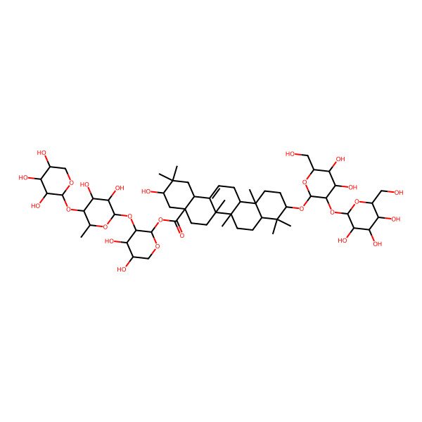 2D Structure of [(2S,3R,4S,5S)-3-[(2S,3R,4S,5R,6S)-3,4-dihydroxy-6-methyl-5-[(2S,3R,4S,5R)-3,4,5-trihydroxyoxan-2-yl]oxyoxan-2-yl]oxy-4,5-dihydroxyoxan-2-yl] (3S,4aR,6aR,6aS,6bR,8aR,10S,12aR,14bS)-10-[(2R,3R,4S,5S,6R)-4,5-dihydroxy-6-(hydroxymethyl)-3-[(2S,3R,4S,5S,6R)-3,4,5-trihydroxy-6-(hydroxymethyl)oxan-2-yl]oxyoxan-2-yl]oxy-3-hydroxy-2,2,6a,6b,9,9,12a-heptamethyl-1,3,4,5,6,6a,7,8,8a,10,11,12,13,14b-tetradecahydropicene-4a-carboxylate