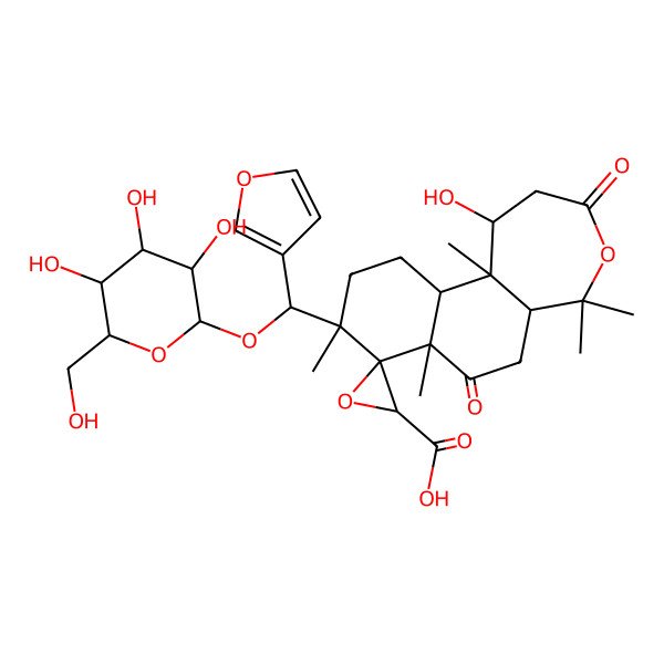 2D Structure of 9-[furan-3-yl-[3,4,5-trihydroxy-6-(hydroxymethyl)oxan-2-yl]oxymethyl]-1-hydroxy-5,5,7a,9,11b-pentamethyl-3,7-dioxospiro[2,5a,6,10,11,11a-hexahydro-1H-naphtho[2,1-c]oxepine-8,3'-oxirane]-2'-carboxylic acid
