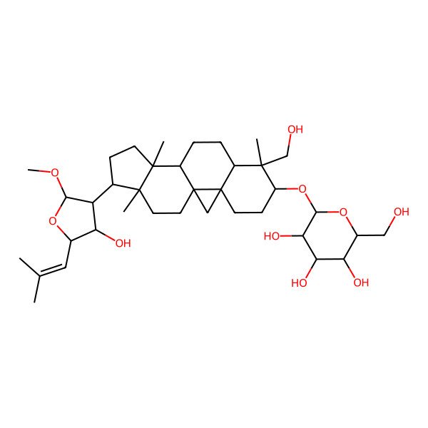 2D Structure of 2-[[15-[4-Hydroxy-2-methoxy-5-(2-methylprop-1-enyl)oxolan-3-yl]-7-(hydroxymethyl)-7,12,16-trimethyl-6-pentacyclo[9.7.0.01,3.03,8.012,16]octadecanyl]oxy]-6-(hydroxymethyl)oxane-3,4,5-triol